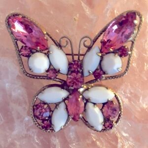 Vintage Julianna Butterfly Brooch Pink Marquis Crystals and Milk Glass